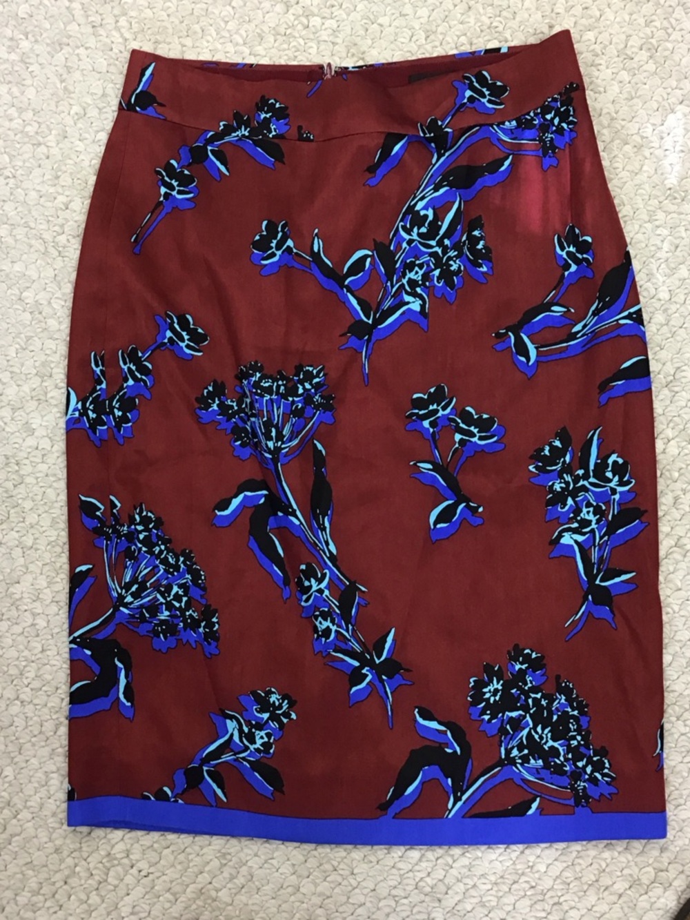 J. Crew Burgundy Pencil Skirt with Blue Floral Print